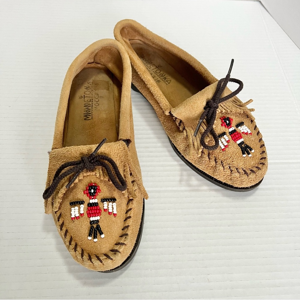 Moccasins Tan 9 Leather Beaded Design, Fringe & Stitching Boho Festival Folk
